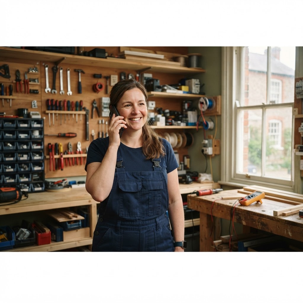 Electrician in navy workwear smiling while taking a customer call in her tidy workshop