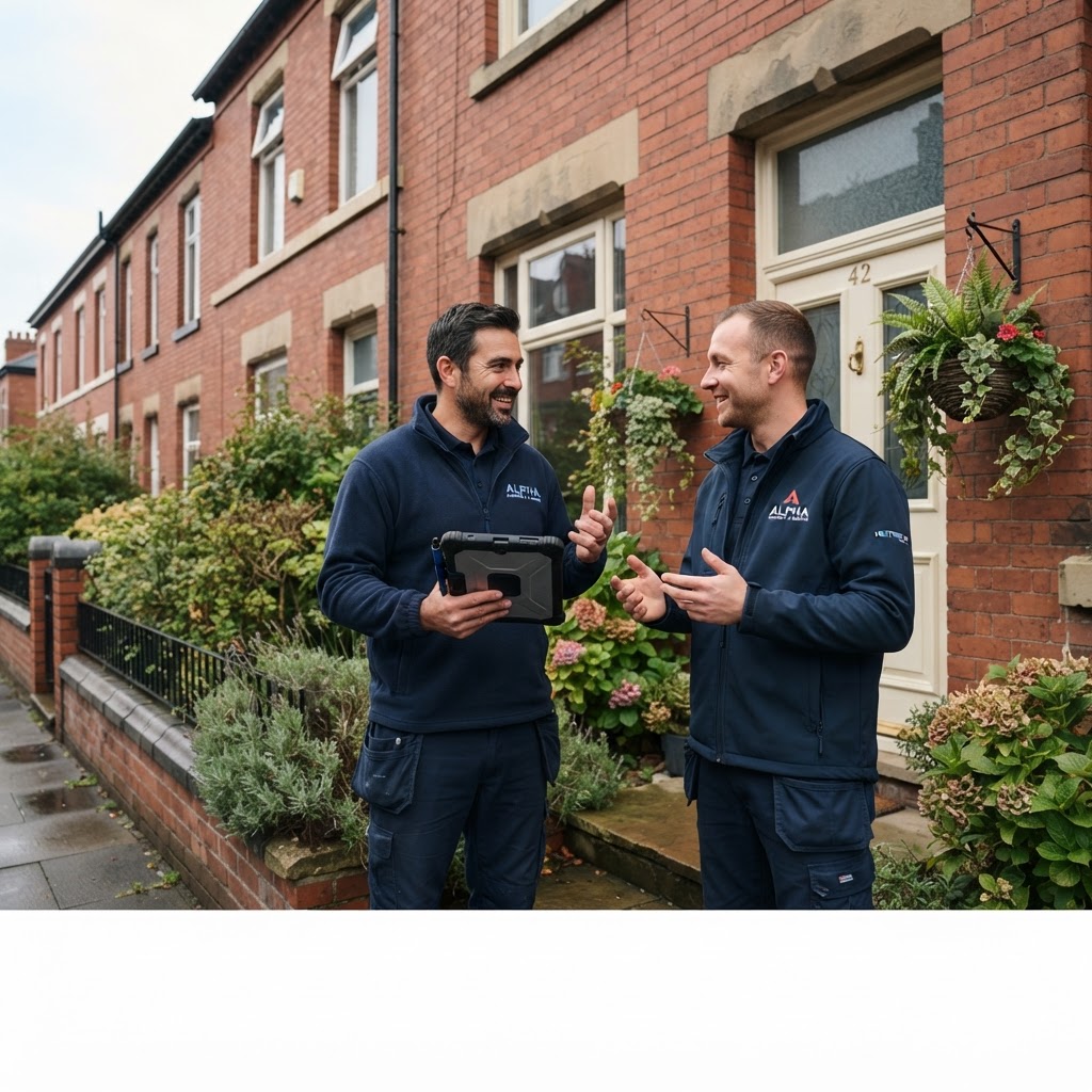 Two tradespeople reviewing a job together at the doorstep of a red-brick house