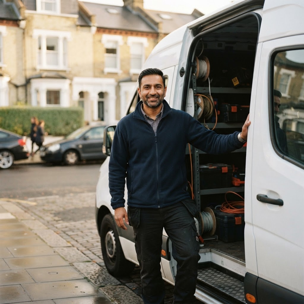 Confident local business owner standing at the open door of his white service van on an East London street