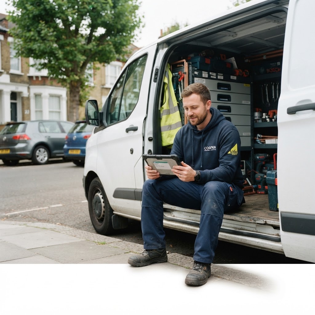 Plumber sitting in the open side door of his work van, reviewing his job schedule on a tablet
