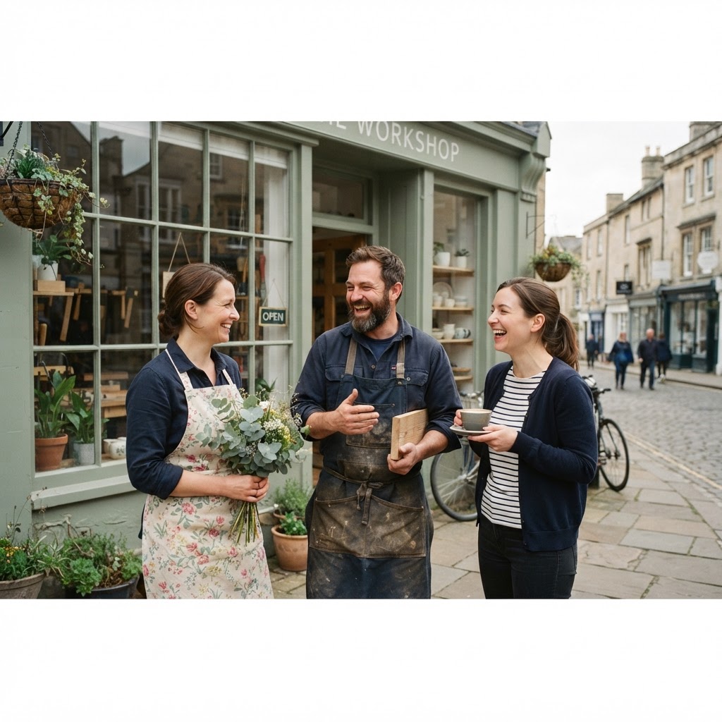 Three independent local business owners chatting together outside a sage-green workshop like trusted neighbours