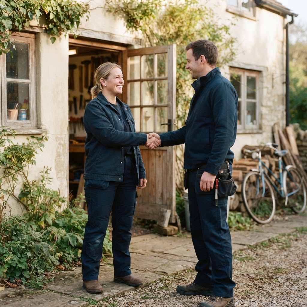 Two local tradespeople in navy workwear shaking hands outside a small workshop, representing a trusted referral