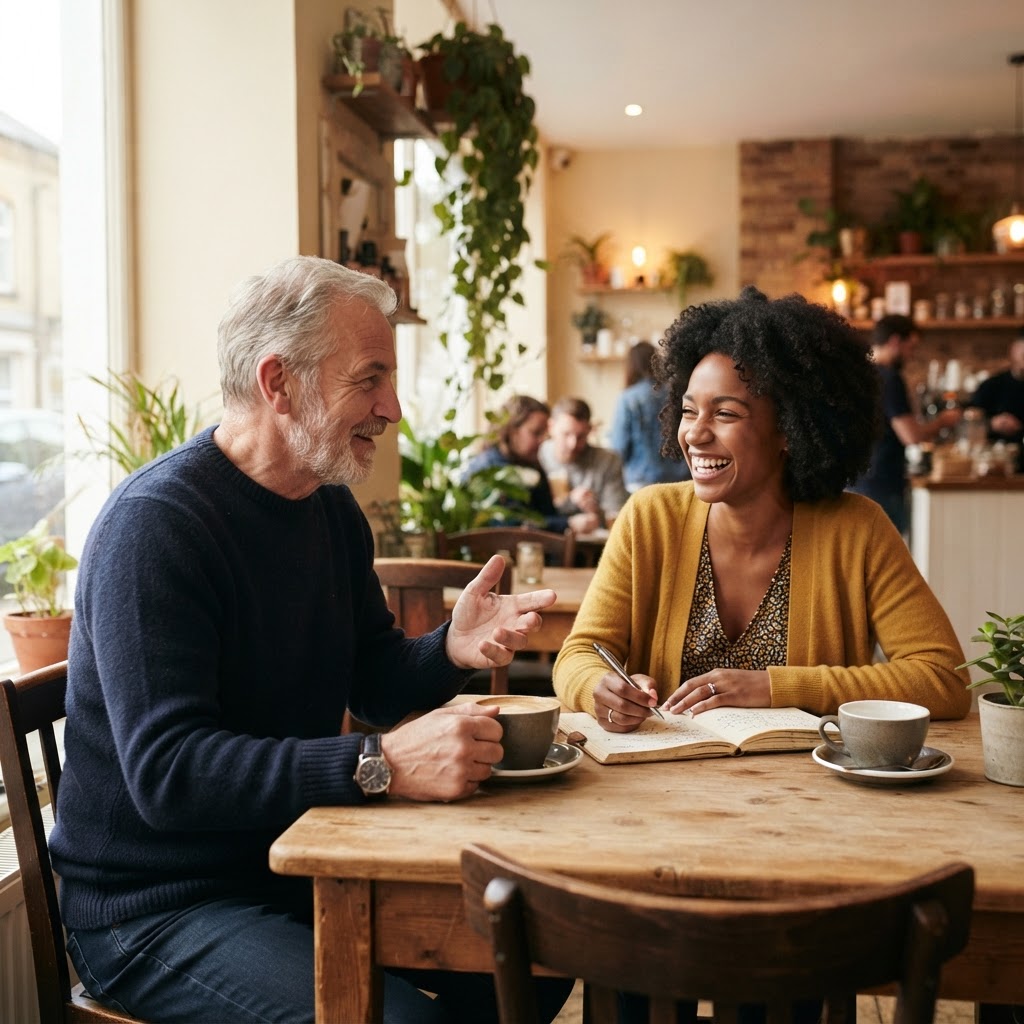 Two local business owners having a warm conversation over tea in a bright café