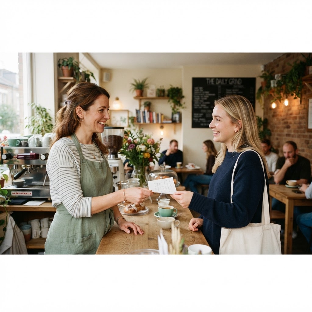 Café owner warmly handing a written recommendation to a happy customer across the counter
